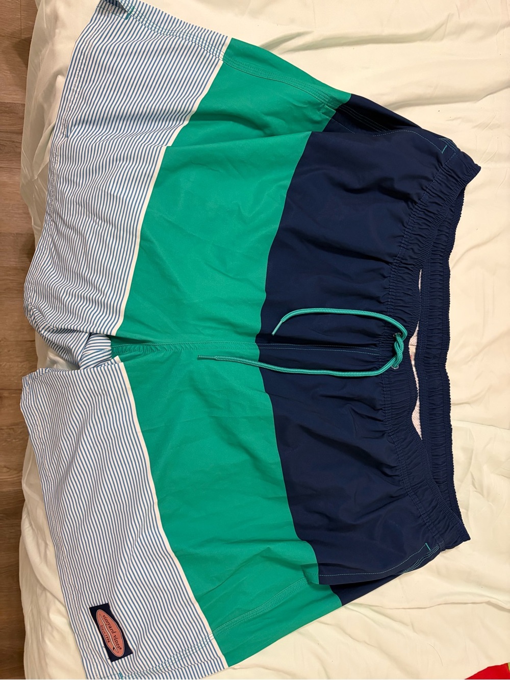 Vineyard Vines Teal and Light Blue Striped Swim Shorts